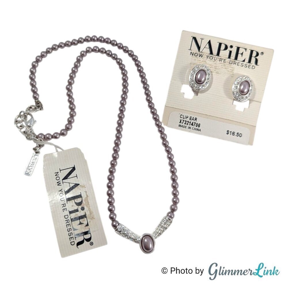Napier Lilac Faux Pearl and Rhinestone Necklace and Earrings Set New with Tags